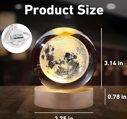 3D Crystal Moon Lamp – Engraved Crystal Ball LED Night Light with Wooden Base, USB Powered, Ideal for Home & Office Décor, Birthday Gift for Adults (Warm White)