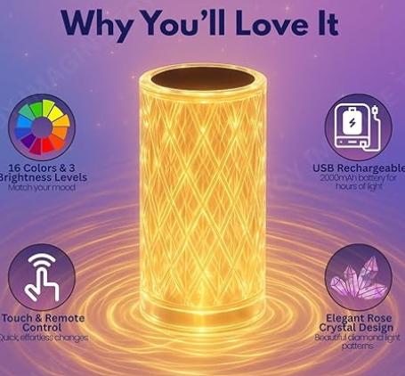 Crystal Diamond LED Table Lamp – 16 Color Changing Touch Night Light with Remote, USB Rechargeable Lamp